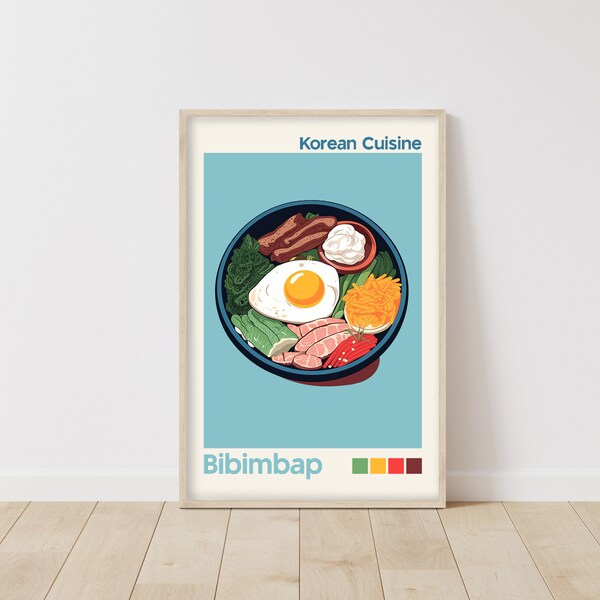 Koreanische Küche Illustration, Bibimbap Gericht Poster, Asiatische Spezialitäten Wandkunst, Traditionelles Essen Poster, Küchendeko