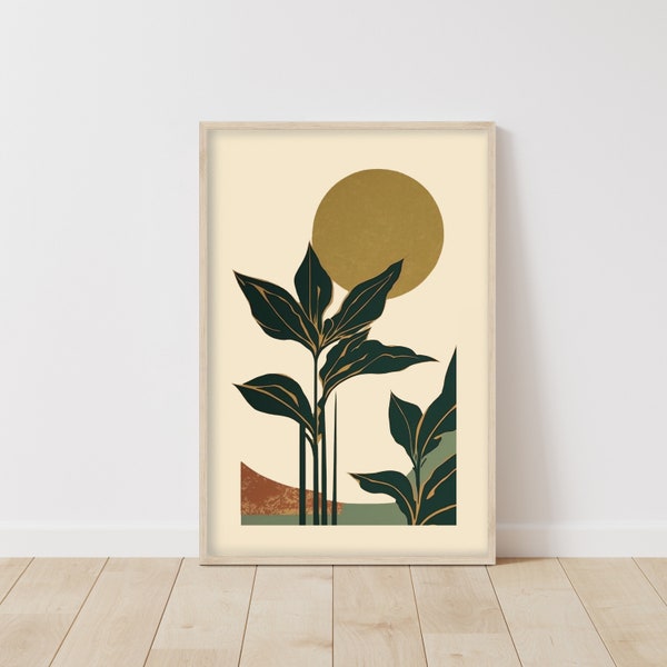 Abstrakte Botanische Kunst Poster, Minimalistisches Design, Goldene Sonne, Grüne Pflanzen, Wanddekor, Moderne Wohnkultur, Stilvolles Plakat