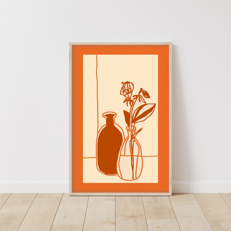 Minimalist Floral Line Art Print, Abstract Botanical Wall Decor, Modern Vase with Rose Illustration, Contemporary Home Interior Design image 1