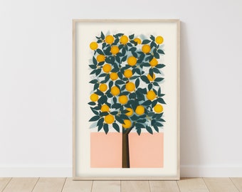 Orange Tree Print • Orange Tree Painting • Vintage Orange Tree • Fruit Tree Painting • Cute Kitchen Art • Colorful Wall Art