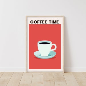 Minimalist Coffee Cup Art Print, Modern Kitchen Wall Decor, Coffee Lovers Poster, Simple Cafe Artwork, Red and Blue Coffee Time Illustration