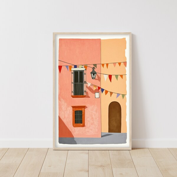 Buntes Stadtfest Illustration Poster, Mediterrane Hausfassade mit Wimpelkette, Künstlerisches Straßenbild, Einzigartige Wanddekoration