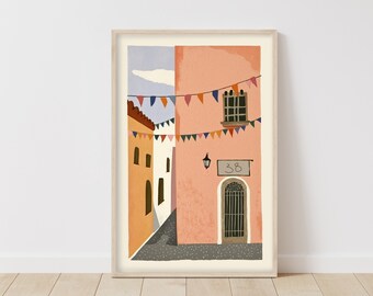 Charming European Town Street Illustration, Whimsical Urban Art, Festive Bunting Decor, Warm Tones, Quaint Cityscape Artwork