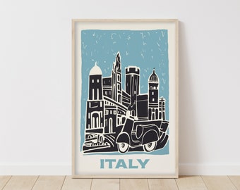 Handmade Italy Art Print - Vintage Vespa and Italian Architecture Illustration, Home Decor, Travel Poster, Gift Idea, Wall Art