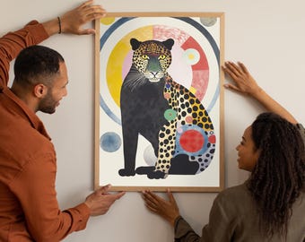 Jaguar Poster Kunst • Wildtier Geschenk • Maximalistische Heimdekoration • Leopard Wandkunst • Buntes Poster • Kommt mit Rahmen