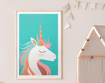 Rainbow Unicorn Poster • Gentle Sensitive Pony Wall Art • Turquoise Blue Fantasy Print •  Magical Horse Picture • Pink Portrait Decoration
