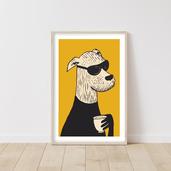 Cooler Hund mit Sonnenbrille und Tasse Kunstdruck, Stilvolles Tierillustrationsposter für Wohnzimmer und Büroeinrichtung, Wandkunst