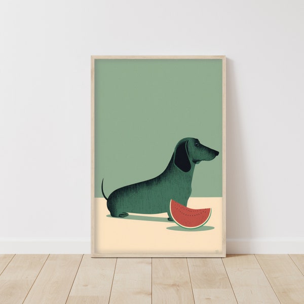 Dackel Geschenkidee • Niedlicher Hund Poster • Wursthund Druck • Hundekunst Poster • Lustige Wandkunst • Wassermelone Poster
