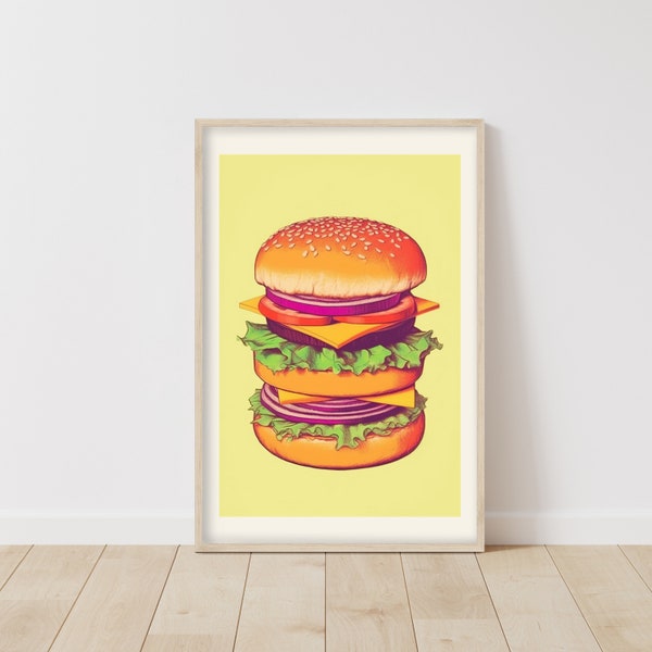 Colorful Hand-Drawn Style Cheeseburger Art Print, Vibrant Kitchen Decor, Whimsical Food Illustration, Retro Diner Wall Art