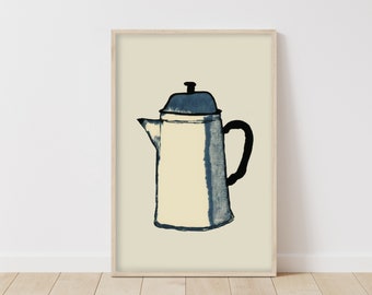 Vintage Enamel Coffee Pot Illustration, Classic Kitchen Decor, Rustic Home Artwork, Farmhouse Chic, Gift for Coffee Lovers