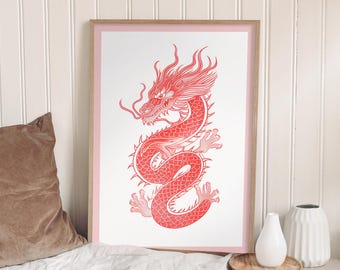 Red Chinese Dragon Poster • Asian Mythology Wall Art • Powerful Brave Fantasy Print • Mystical Picture • Portrait Easy Hang Decoration