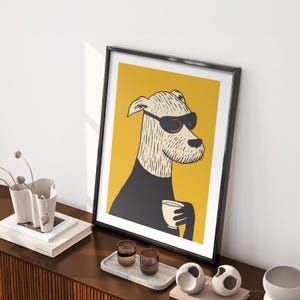 Cooler Hund mit Sonnenbrille und Tasse Kunstdruck, Stilvolles TierIllustrationsposter für Wohnzimmer und Büroeinrichtung, Wandkunst