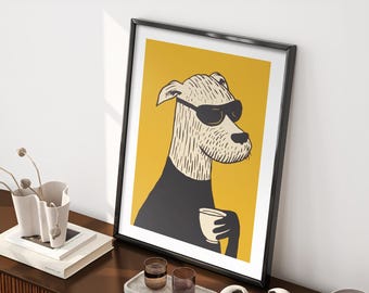 Cooler Hund mit Sonnenbrille und Tasse Kunstdruck, Stilvolles Tierillustrationsposter für Wohnzimmer und Büroeinrichtung, Wandkunst
