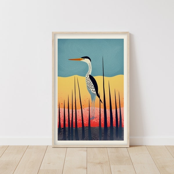 Reiher-Poster • Vogel-Kunst • Vogelmalerei • Gerahmter Vogel-Druck • Vintage Vogel Bild • Vintage Vogel Zeichnung • Boho-Vogel-Poster