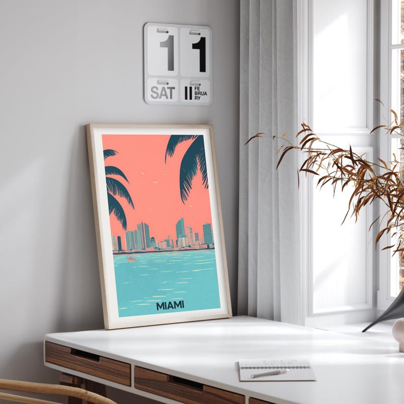 Weinlese Miami • Geschenk Miami Party • Miami Beach Geschenk • Retro City Poster • Reiseposter Dekoration • Gedeckte Farben drucken imagen 3