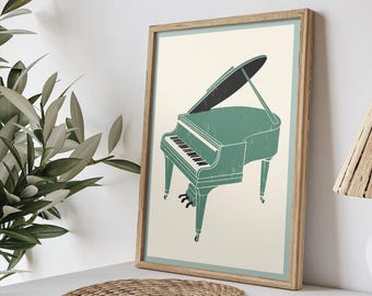 Classic Grand Piano Poster • Retro Classy Pianoforte Wall Art • Musical Green Print • Pastel Pianist Picture • Easy Hang Portrait Decoration