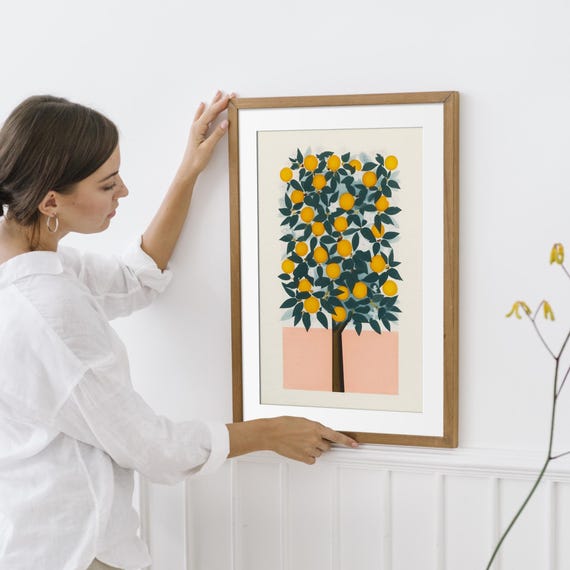 Orangenbaum-Druck • Orangenbaum-Malerei • Vintage-Orangenbaum • Obstbaum-Malerei • Niedliche Küchenkunst • Bunte Wandkunst