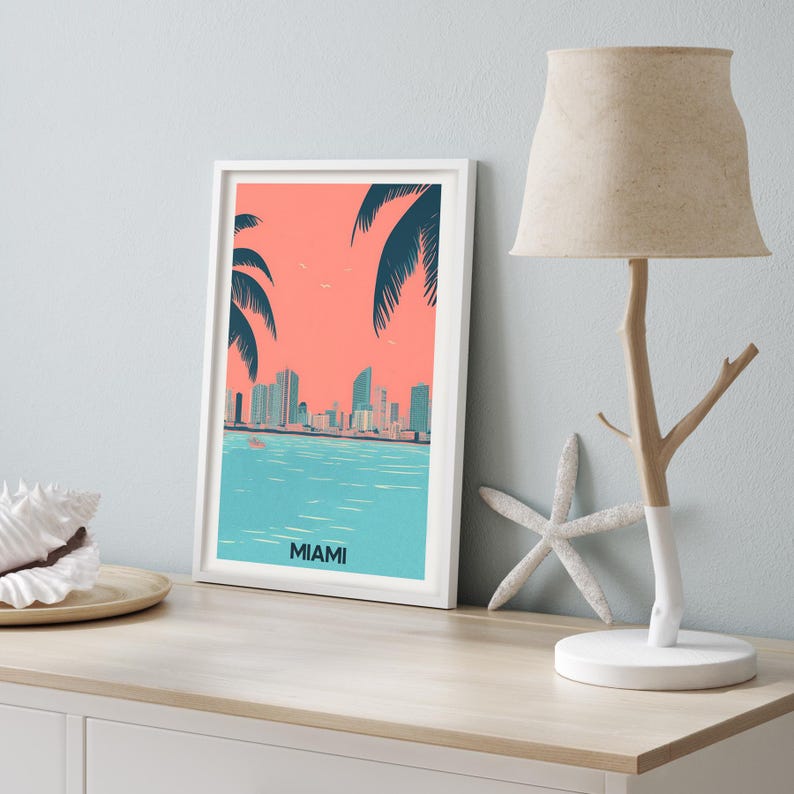 Weinlese Miami • Geschenk Miami Party • Miami Beach Geschenk • Retro City Poster • Reiseposter Dekoration • Gedeckte Farben drucken imagen 4