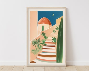 Mediterranean Staircase Art Print, Sunset Pastel Illustration, Warm Toned Home Decor, Tranquil Scenery Poster, Moon and Cactus Wall Art