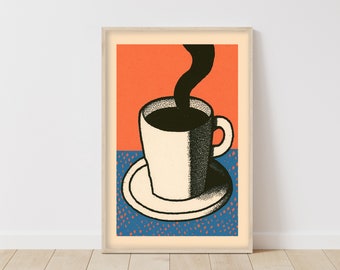 Vintage Coffee Cup Art Print, Retro Kitchen Wall Decor, Mid-century Modern Cafe Illustration, Coffee Lover Gift Idea, Unique Home Art
