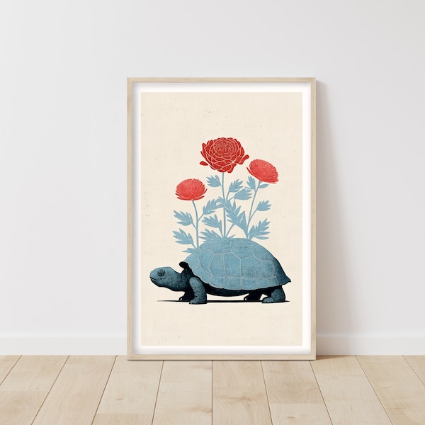 Poster de tortue • Cadeau de tortue de mer • Cadeau d'amour de tortue • Poster de rose rouge • Impression vintage en sourdine