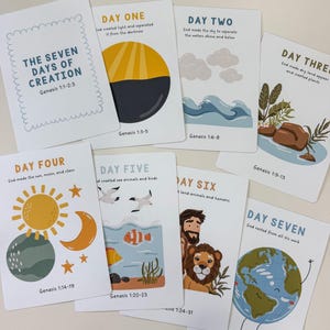 May include: A set of eight rectangular educational cards titled The Seven Days of Creation. Each card features a numbered day, a descriptive sentence, and a corresponding illustration depicting biblical creation events from Genesis 1:1 to 2:3.