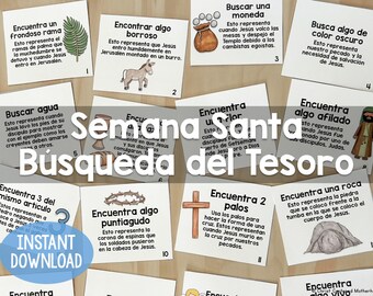 May include: A set of 12 colourful cards with images and text in Spanish. The cards are part of a scavenger hunt game for Holy Week. The cards feature images of a palm branch, a donkey, a money bag, a crown of thorns, a cross, a rock, and a sword. The text on the cards includes phrases like "Encuentra un frondoso rama" and "Encuentra algo afilado".