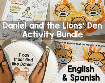 Paquete de actividades para niños en inglés y español Daniel y el foso de los leones, perfecto para descarga digital en la iglesia o en el hogar
