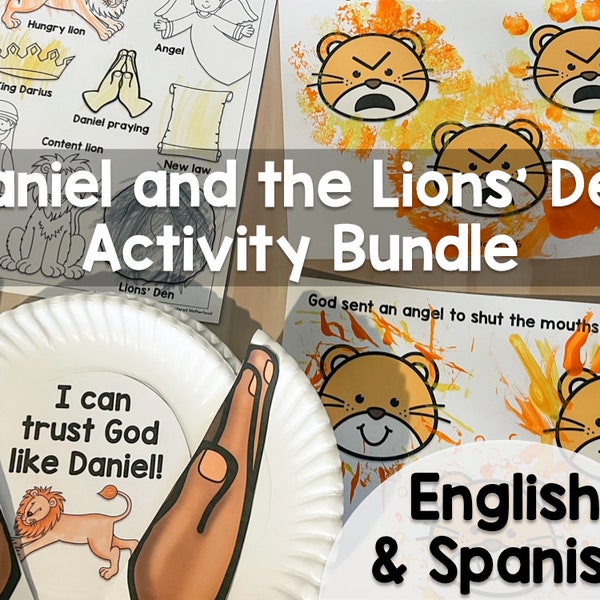 Pacchetto di attività per bambini in inglese e spagnolo Daniele e la fossa dei leoni, perfetto per il download digitale in chiesa o a casa