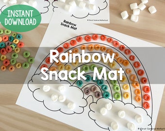 May include: Printable rainbow snack mat with a rainbow arc made of cereal rings and clouds made of marshmallows. The text "Rainbow Snack Mat" is printed on the mat.