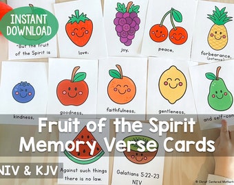 May include: Fruit of the Spirit memory verse cards with colorful illustrations of fruits and the corresponding virtue. The cards include the Bible verse Galatians 5:22-23 in NIV and KJV.