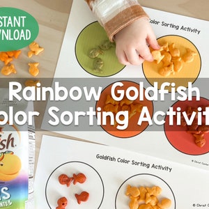 May include: A printable activity for kids to sort goldfish crackers by color. The printable features four circles, each a different color: green, yellow, orange, and red. The text "Rainbow Goldfish Color Sorting Activity" is written in large, bold letters at the top of the page.