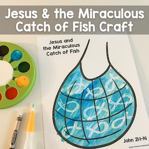 May include: A printable craft activity for kids featuring a net full of fish. The craft is based on the Bible story of Jesus and the miraculous catch of fish, John 21:1-14. The craft includes a coloring page of a net with fish inside, and a title that says "Jesus and the Miraculous Catch of Fish".