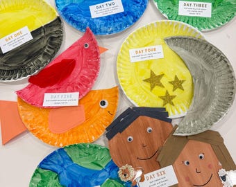 Seven Days of Creation Paper Plates Craft Guide Genesis 1-2, English (Digital Download)
