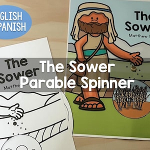 May include: A printable black and white illustration of a person sowing seeds. The illustration is part of a children's educational resource titled "The Sower Parable Spinner".