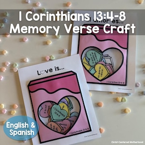 Amor é...1 Coríntios 13:4-8 Atividade de Versículo para Memorizar Versículo Bíblico Dia dos Namorados Inglês e Espanhol