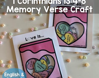 Love is...1 Corinthians 13:4-8 Memory Verse Activity Bible Verse Valentine&#39;s Day English & Spanish