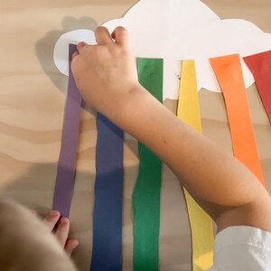 May include: A child's hand placing a purple paper strip on a white cloud cutout to create a rainbow. The rainbow is made of paper strips in the colors of the rainbow, including red, orange, yellow, green, blue, indigo, and violet. The cloud has the words "Say Yes" written on it.