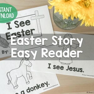 Könnte beinhalten: Schwarzweiße Illustrationen eines Esels, Jesu und eines Kreuzes auf weißem Papier. Der Text "I See Easter Easter Story Easy Reader" befindet sich auf der oberen Seite. Der Text "I see Jesus." befindet sich auf der unteren Seite.