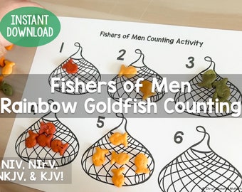 May include: A printable counting activity for kids featuring a black and white illustration of fishing nets with numbers 1 through 6. The nets are filled with colorful goldfish crackers. The text "Fishers of Men Rainbow Goldfish Counting" is at the top of the page. The text "NIV, NIFV, NKJV, & KJV!" is at the bottom of the page.