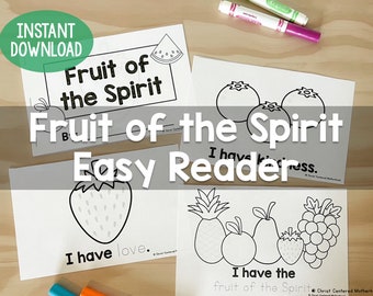 May include: Black and white printable coloring pages for kids featuring fruit illustrations and the text "Fruit of the Spirit Easy Readers". The pages include a watermelon, blueberries, a strawberry, a pineapple, an apple, a pear, grapes, and the phrase "I have the fruit of the Spirit".