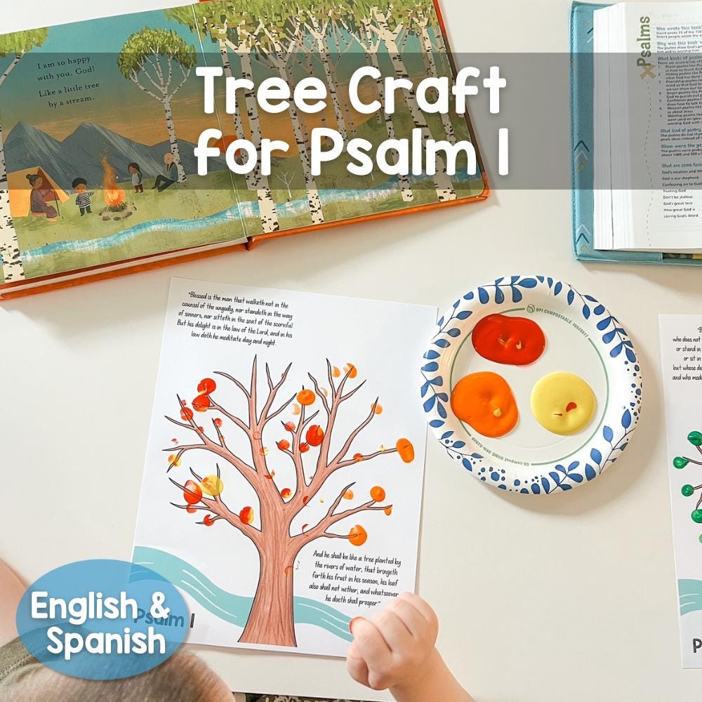 Tree Fingerprint Craft for Psalm 1 Sunday School English & Spanish NIV KJV