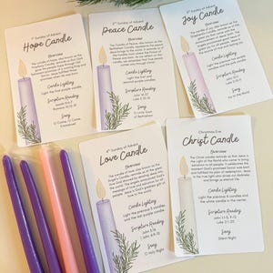 May include: A set of five Advent candle cards featuring illustrations of purple and white candles with green sprigs, accompanied by three purple taper candles and one pink taper candle. Each card includes text detailing the Sunday of Advent.
