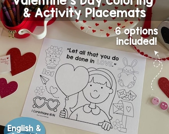 Valentine&#39;s Day Bible Verse Coloring and Activity Placemats 1 Corinthians 16:14 Digital Download English & Spanish - 6 Options Included