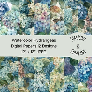 12 Watercolor Hydrangeas Digital Papers, JPEG, 12" x 12", Scrapbook Paper, Junk Journal, Paper Pack
