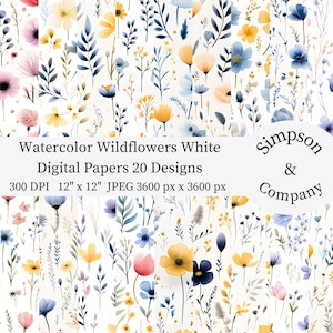 20 Watercolor Wildflowers White Digital Paper, JPEG, 12" x 12", Scrapbook Paper, Junk Journal, Paper Pack, Commercial Use