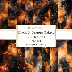 20 Zwart & Oranje Galaxy Naadloos Digitaal Papier, JPEG, 12" x 12", Scrapbookpapier, Junk Journal, Paper Pack, Commercieel gebruik