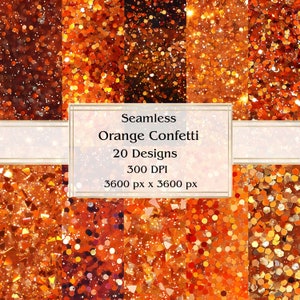 20 padrões de confete laranja, papel digital sem costura, JPEG, 12" x 12", papel de álbum de recortes, lixo eletrônico, pacote de papel, uso comercial