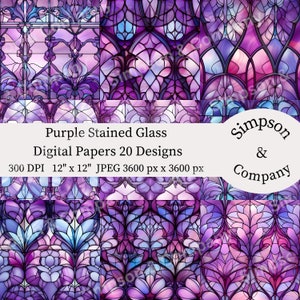 20 Purple Stained Glass Digital Papers, JPEG, 12&quot; x 12&quot;, Scrapbook Paper, Junk Journal, Paper Pack