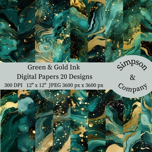 20 Digitales Papier mit grüner und goldener Tinte, JPEG, 12" x 12", Scrapbook Papier, Junk Journal, Paper Pack, kommerzielle Nutzung